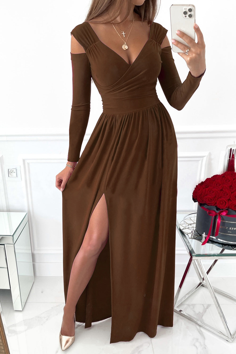 Beige Slit Surplice Long Sleeve Maxi Dress Cocktail Dresses