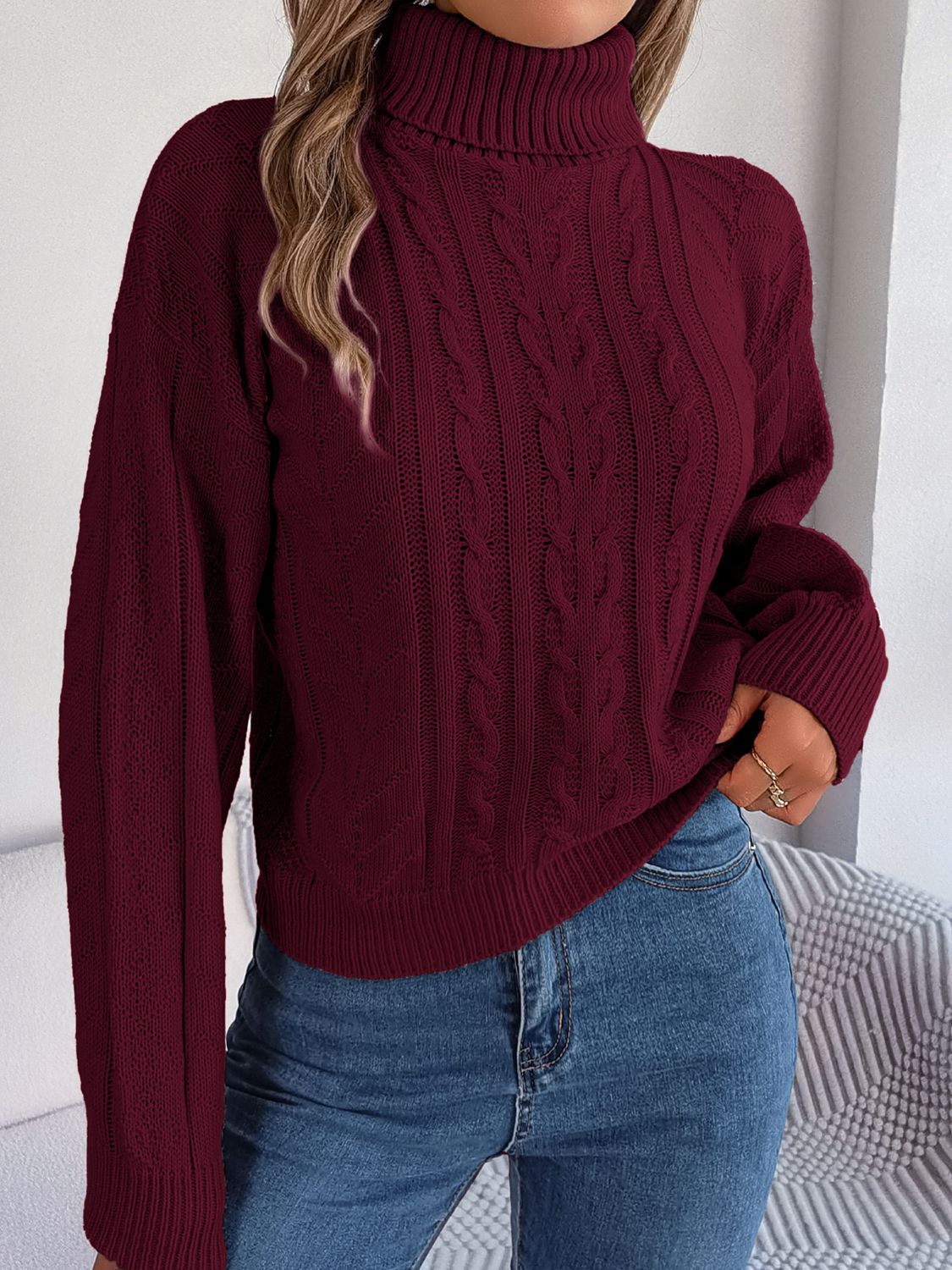 Dark Slate Gray Cable-Knit Turtleneck Sweater Trends