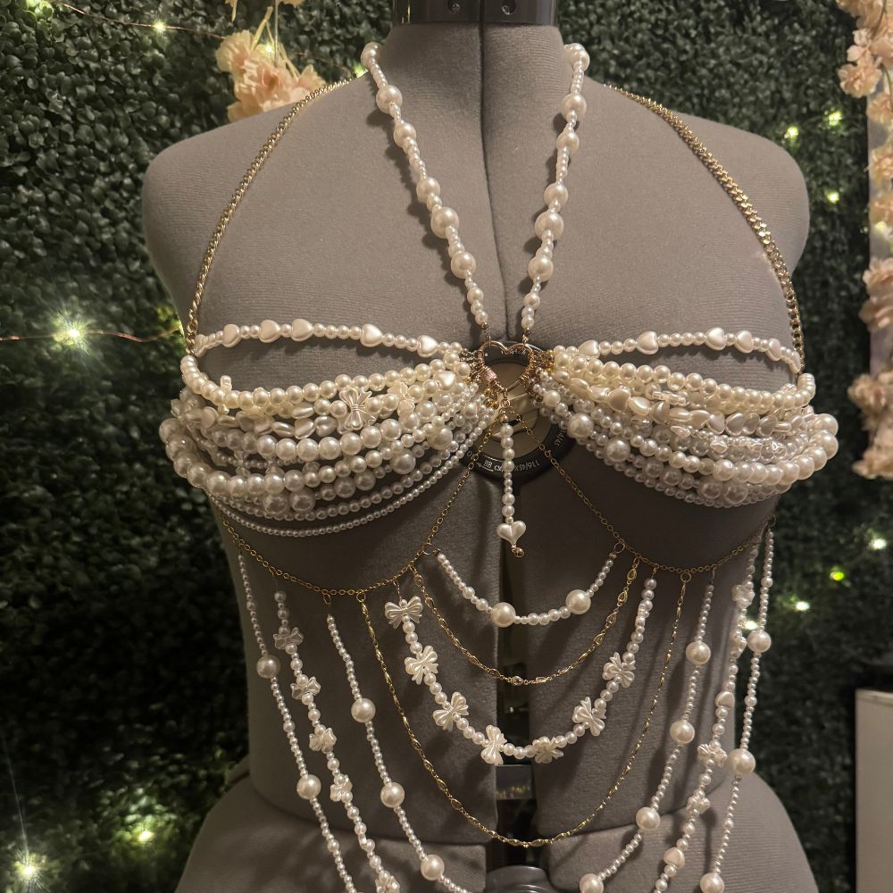 Rosy Brown Devotion Pearl Beaded Couture Bra Top Accessories