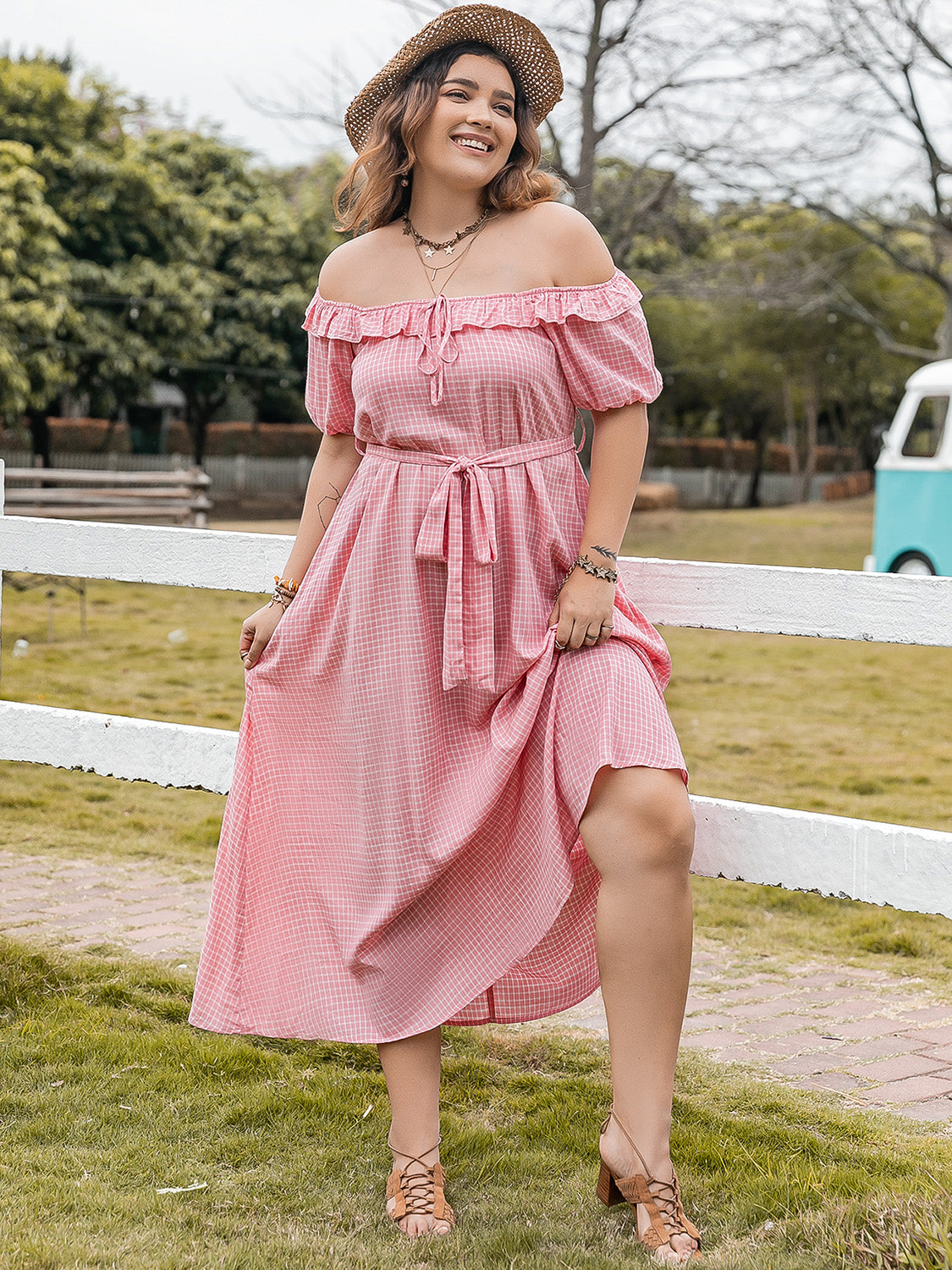 Rosy Brown Plus Size Plaid Off-Shoulder Short Sleeve Midi Dress