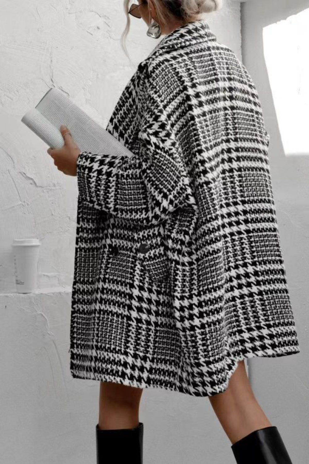 Dark Gray Houndstooth Collared Neck Long Sleeve Coat with Pockets Coats & Jackets