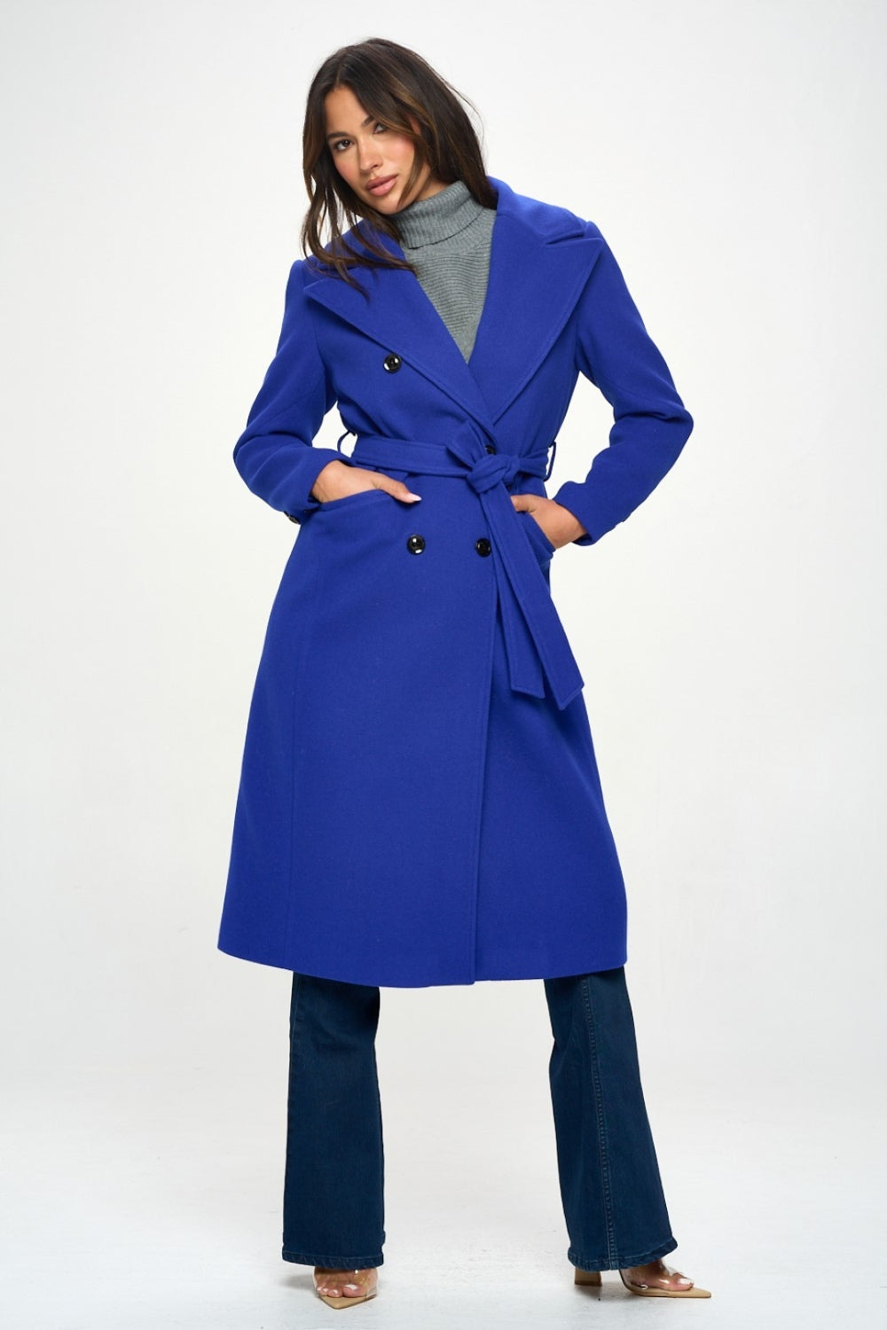 Midnight Blue Coalition LA Double-Breasted Longline Coat with Belt Coats & Jackets