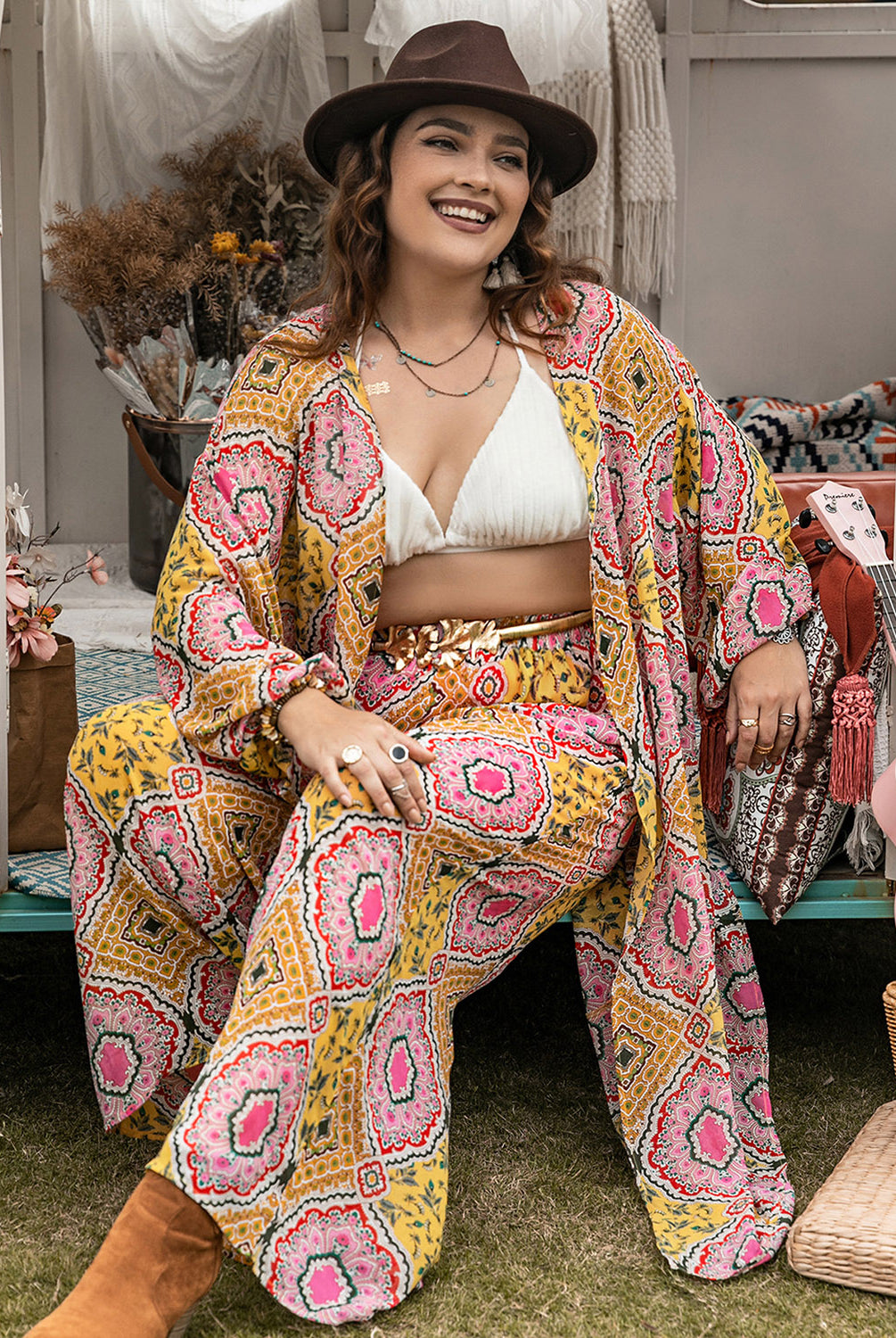Rosy Brown Plus Size Printed Open Front Cover Up and Pants Set