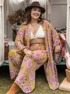 Rosy Brown Plus Size Printed Open Front Cover Up and Pants Set
