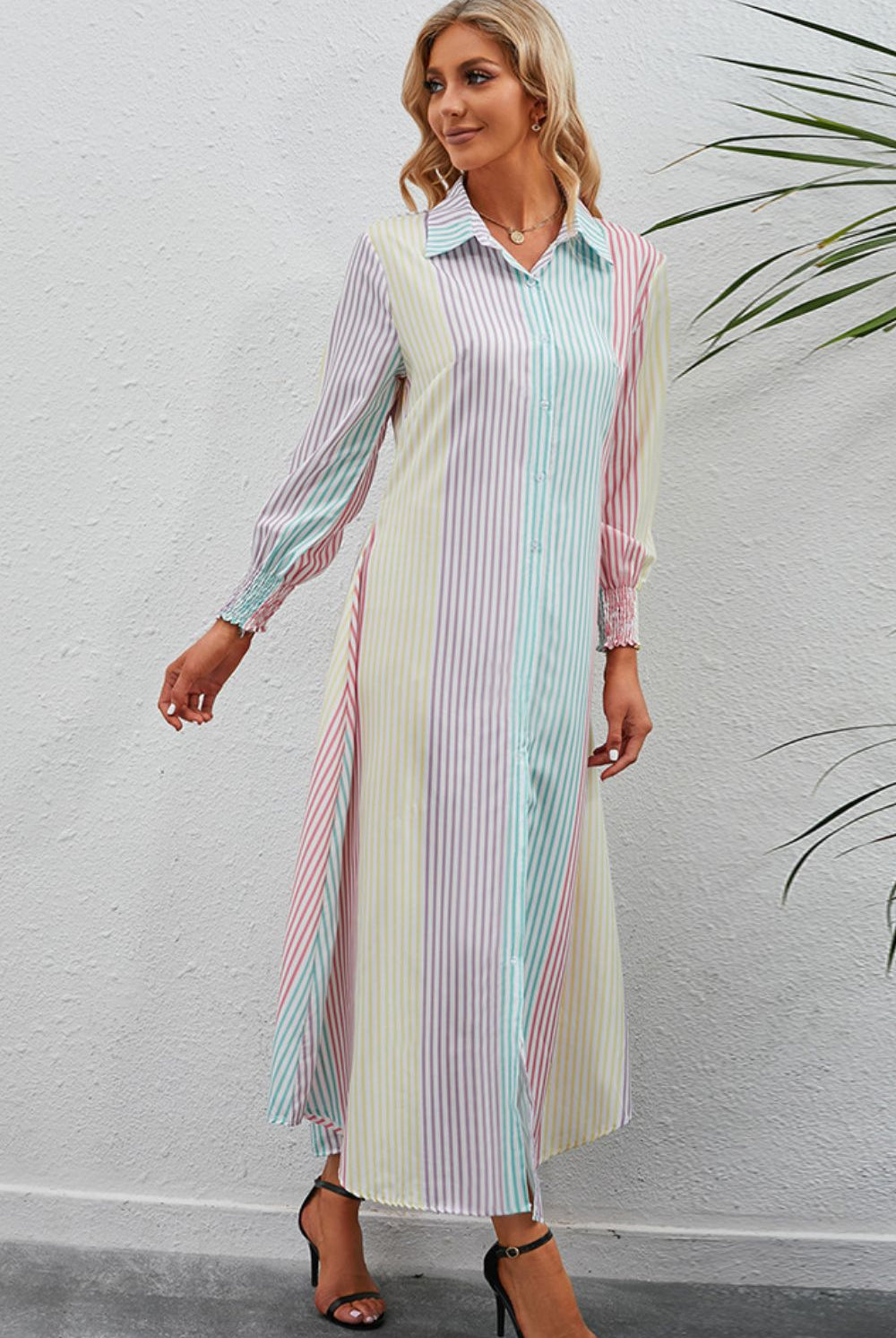 Gray Rainbow Stripe Button-Up Maxi Shirt Dress
