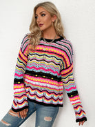 Dark Slate Gray Rainbow Stripe Openwork Flare Sleeve Knit Top