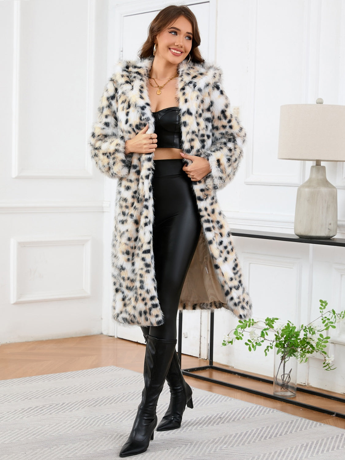 Light Gray That Girl Thermal Leopard Faux Fur Hooded Outerwear Coats & Jackets