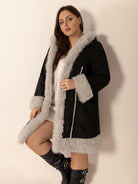 Light Gray Plus Size Fuzzy Trim Open Front Long Sleeve Hooded Coat Coats & Jackets