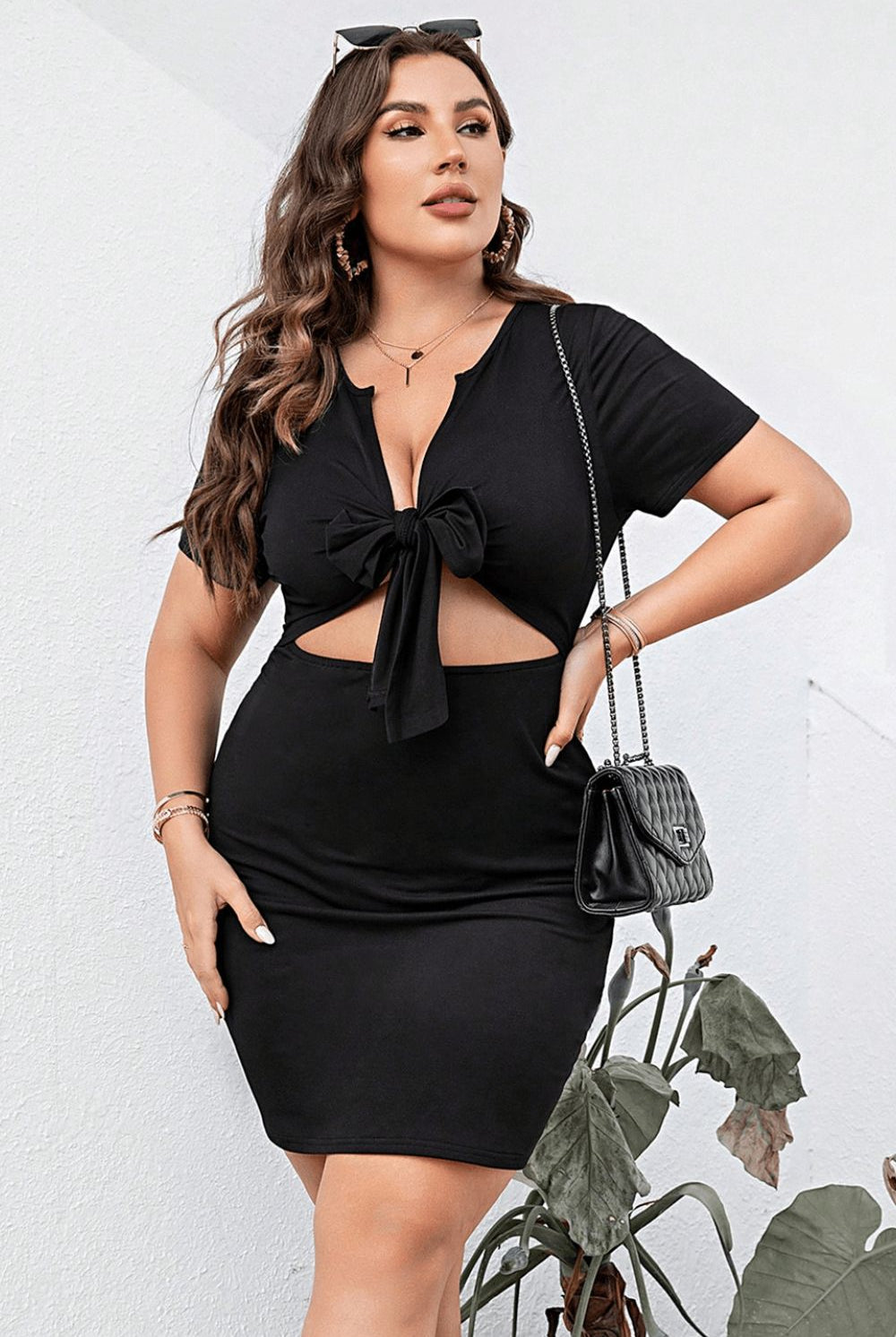 Light Gray Plus Size Cutout Tie Front Short Sleeve Dress Vacation