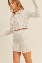 Light Gray MABLE Houndstooth Cropped Knit Cardigan and Mini Skirt Set Trends