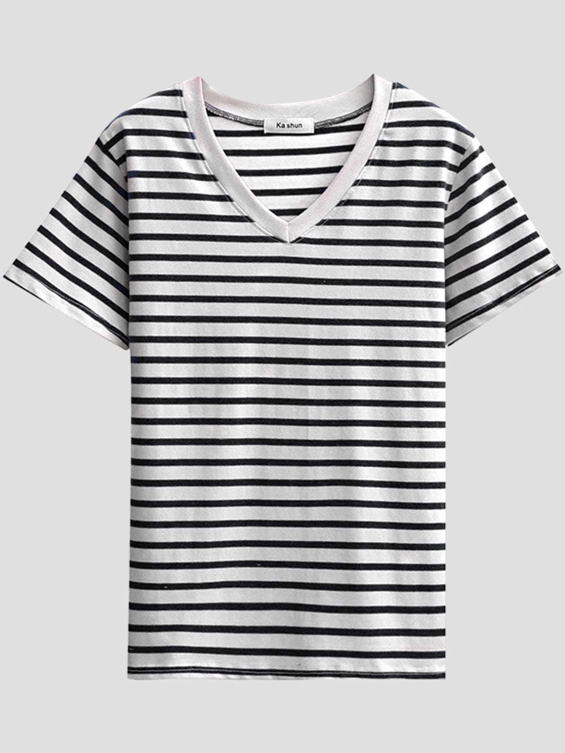 Light Gray Plus Size Striped V-Neck Short Sleeve T-Shirt Vacation