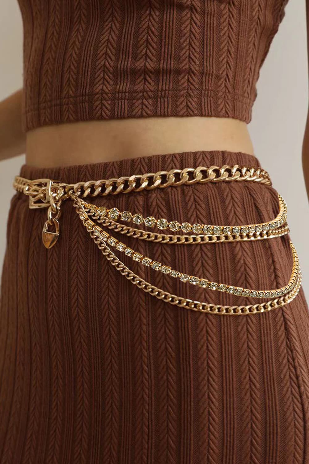 Saddle Brown Rhinestone Decor Metal Chain Belt Trends