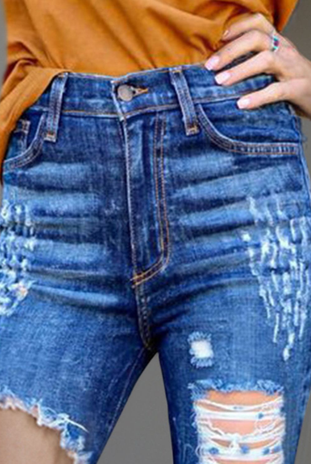Dark Slate Blue Raw Hem Distressed Bootcut Jeans