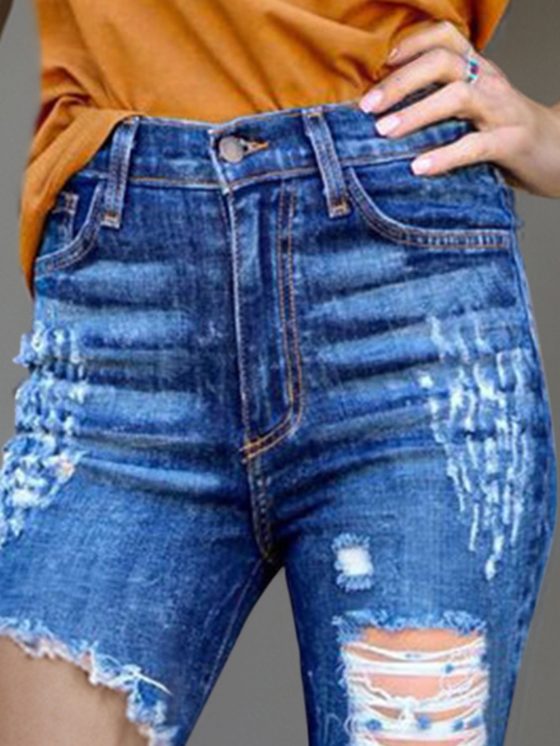 Dark Slate Blue Raw Hem Distressed Bootcut Jeans