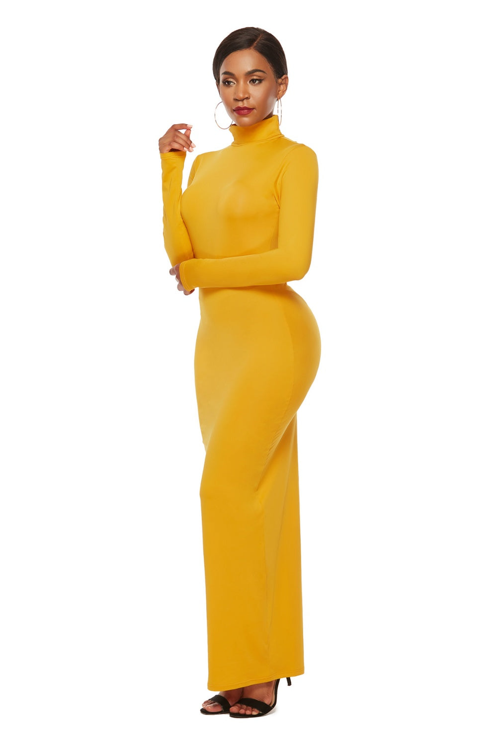 Goldenrod Mock Neck Long Sleeve Maxi Slim Dress Trends