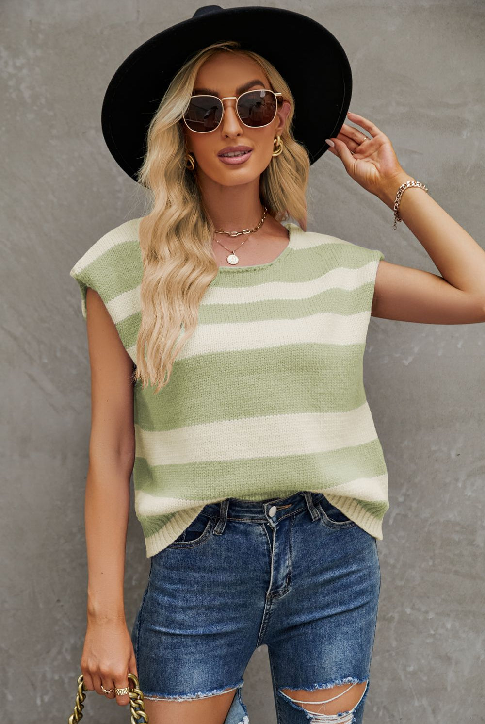 Slate Gray Striped Round Neck Cap Sleeve Knit Top