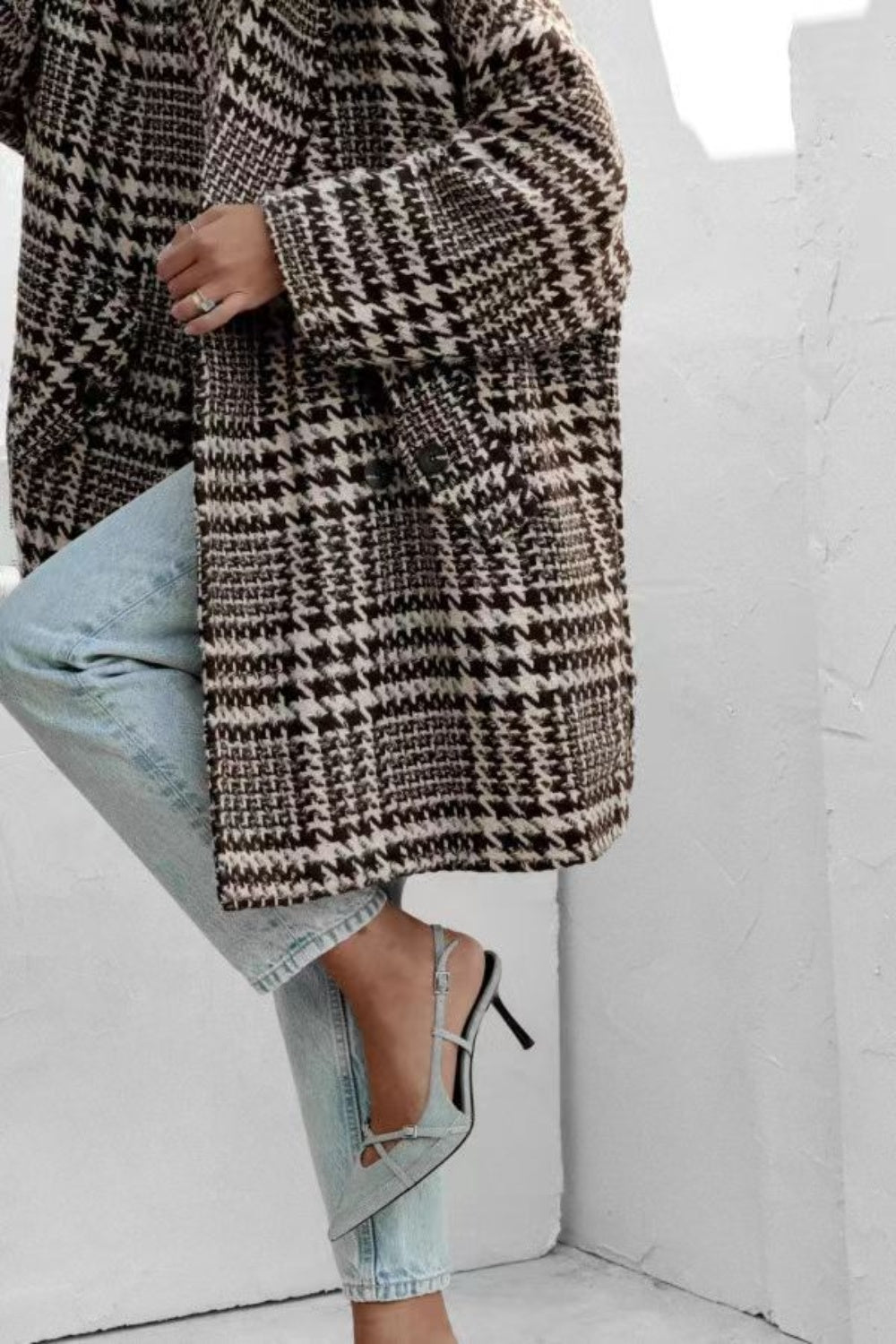 Gray Houndstooth Collared Neck Long Sleeve Coat with Pockets Coats & Jackets