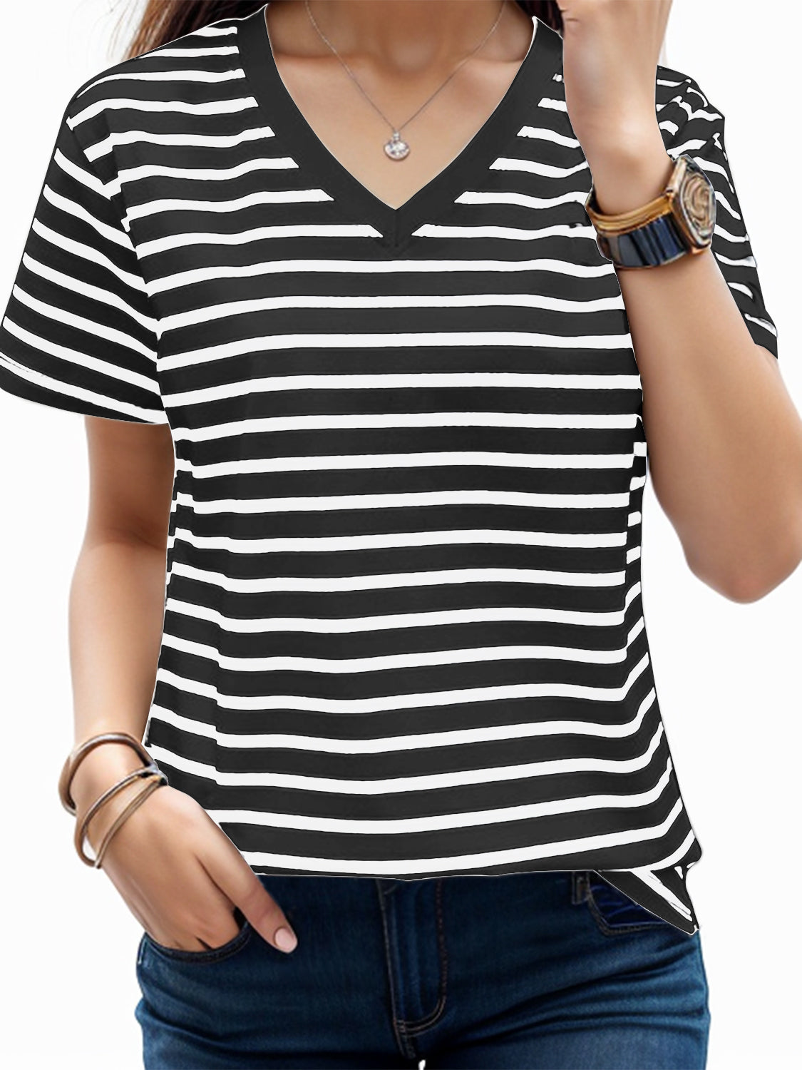 Dark Slate Gray Plus Size Striped V-Neck Short Sleeve T-Shirt Vacation