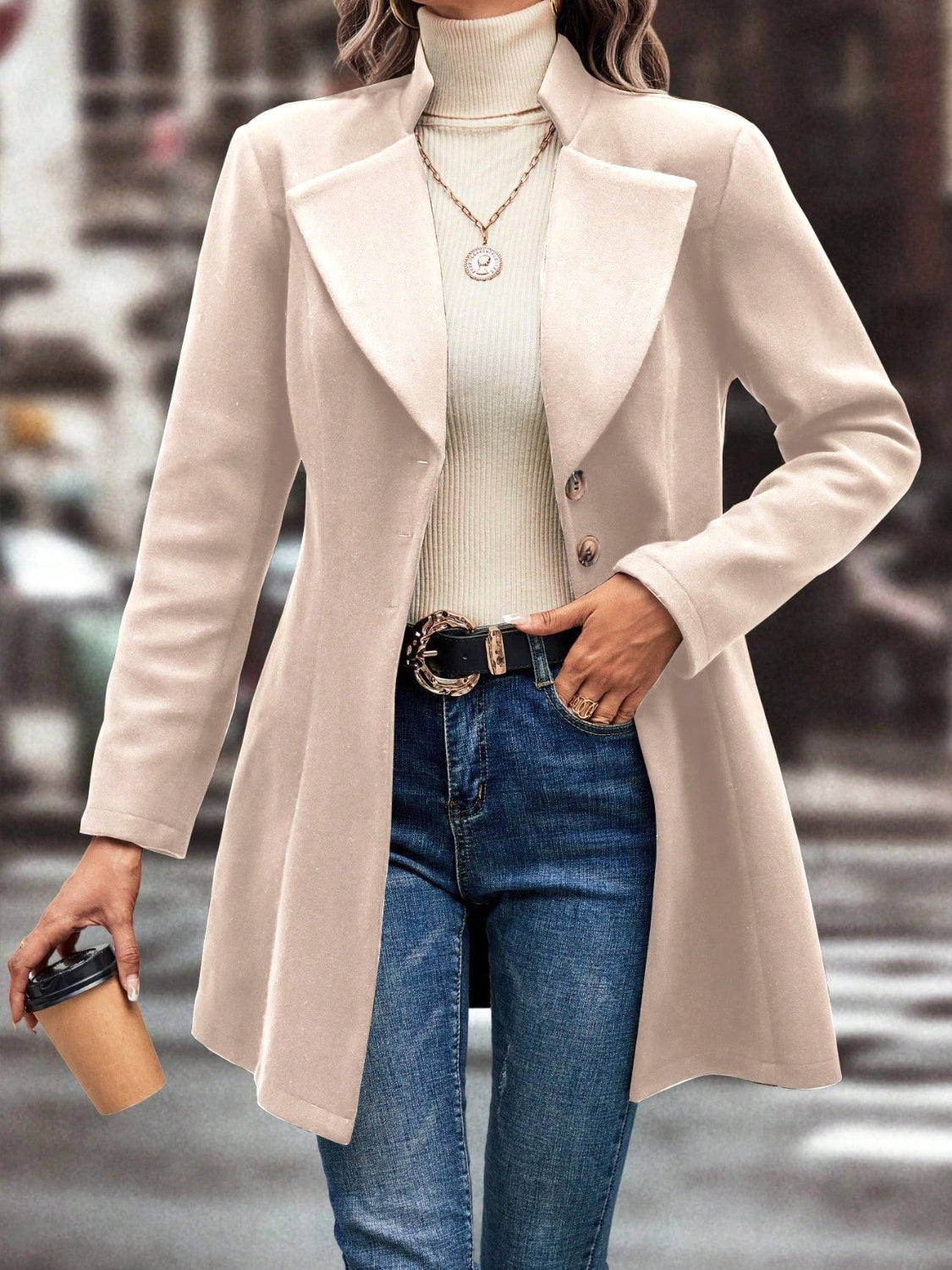 Gray Collared Neck Long Sleeve Longline Coat Coats & Jackets