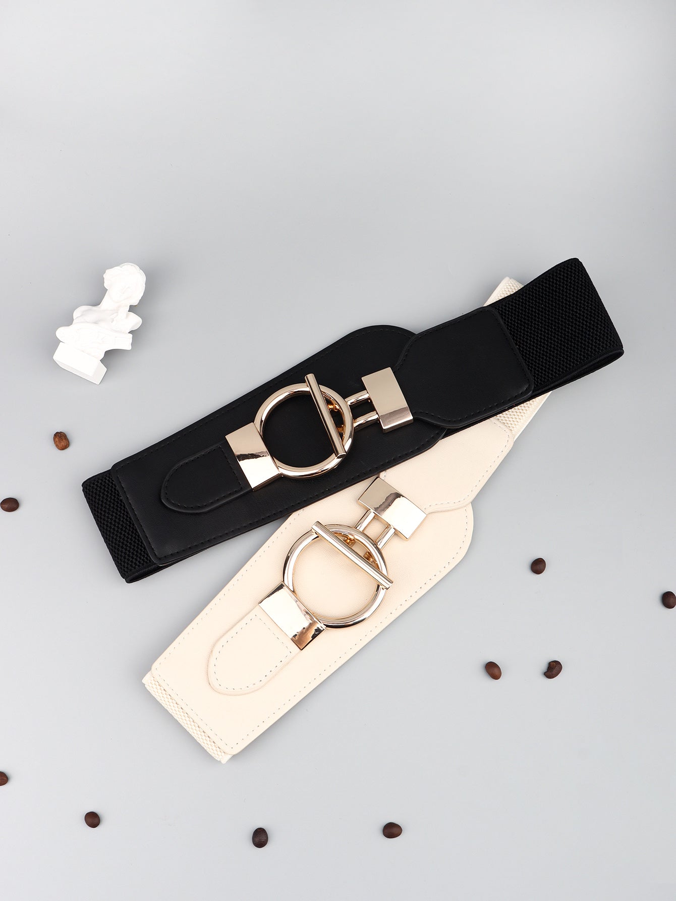 Light Gray PU Elastic Wide Belt with Alloy Buckle Trends