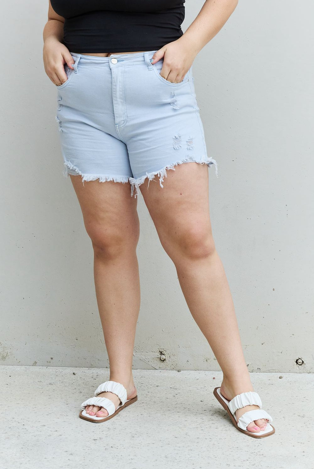 Gray RISEN Katie Full Size High Waisted Distressed Shorts in Ice Blue Denim