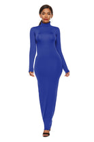 Dark Slate Blue Mock Neck Long Sleeve Maxi Slim Dress Trends