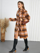 Light Gray Tied Plaid Collared Neck Coat Coats & Jackets