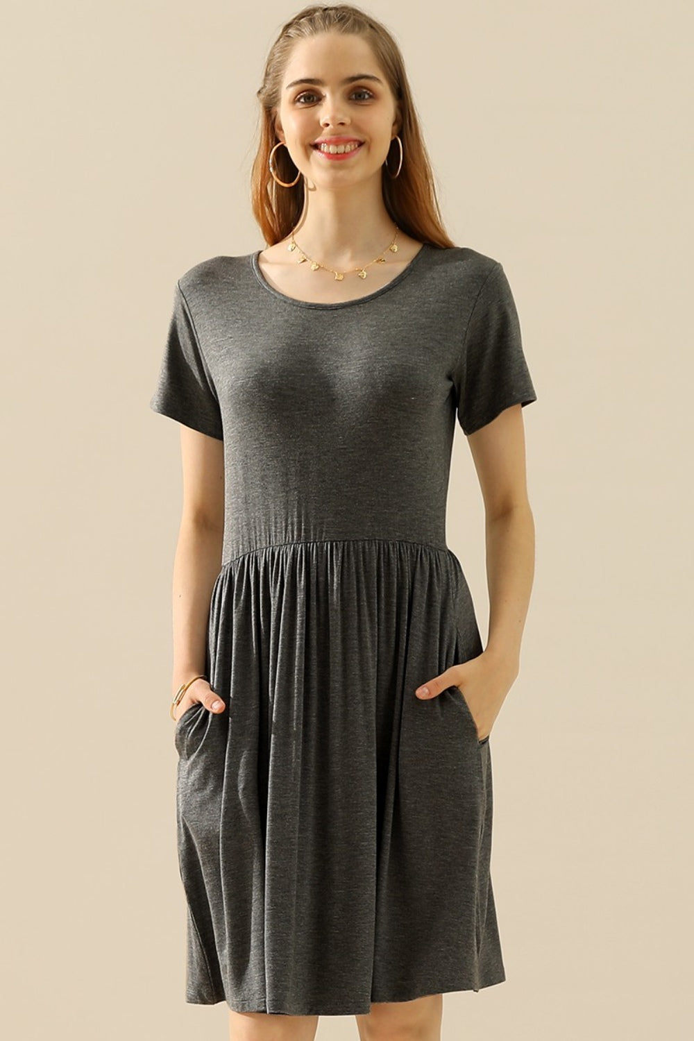 Dark Slate Gray Ninexis Full Size Round Neck Ruched Dress with Pockets Dress