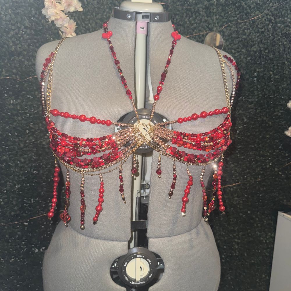 Dark Slate Gray ARDOR Red Stone & Glass Couture Bra Top Accessories
