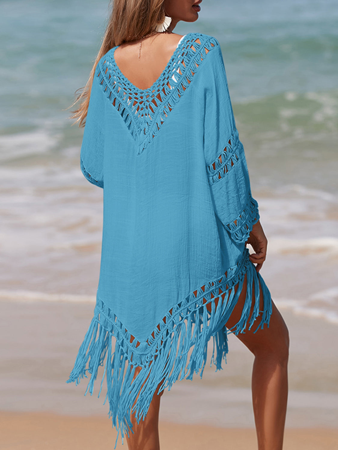 Dark Gray Cutout Fringe Scoop Neck Cover-Up