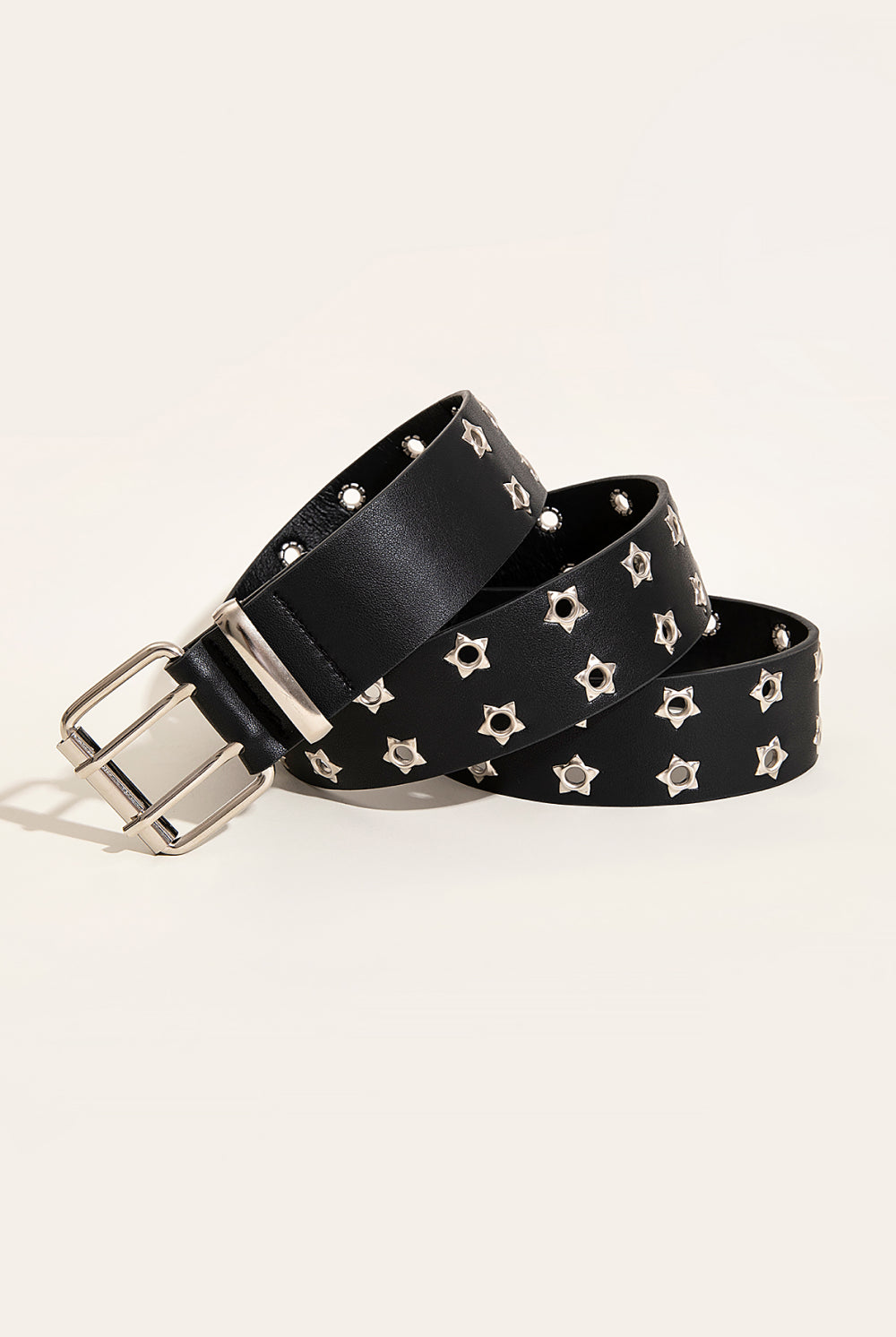 Beige Double Row Star Grommet PU Leather Belt