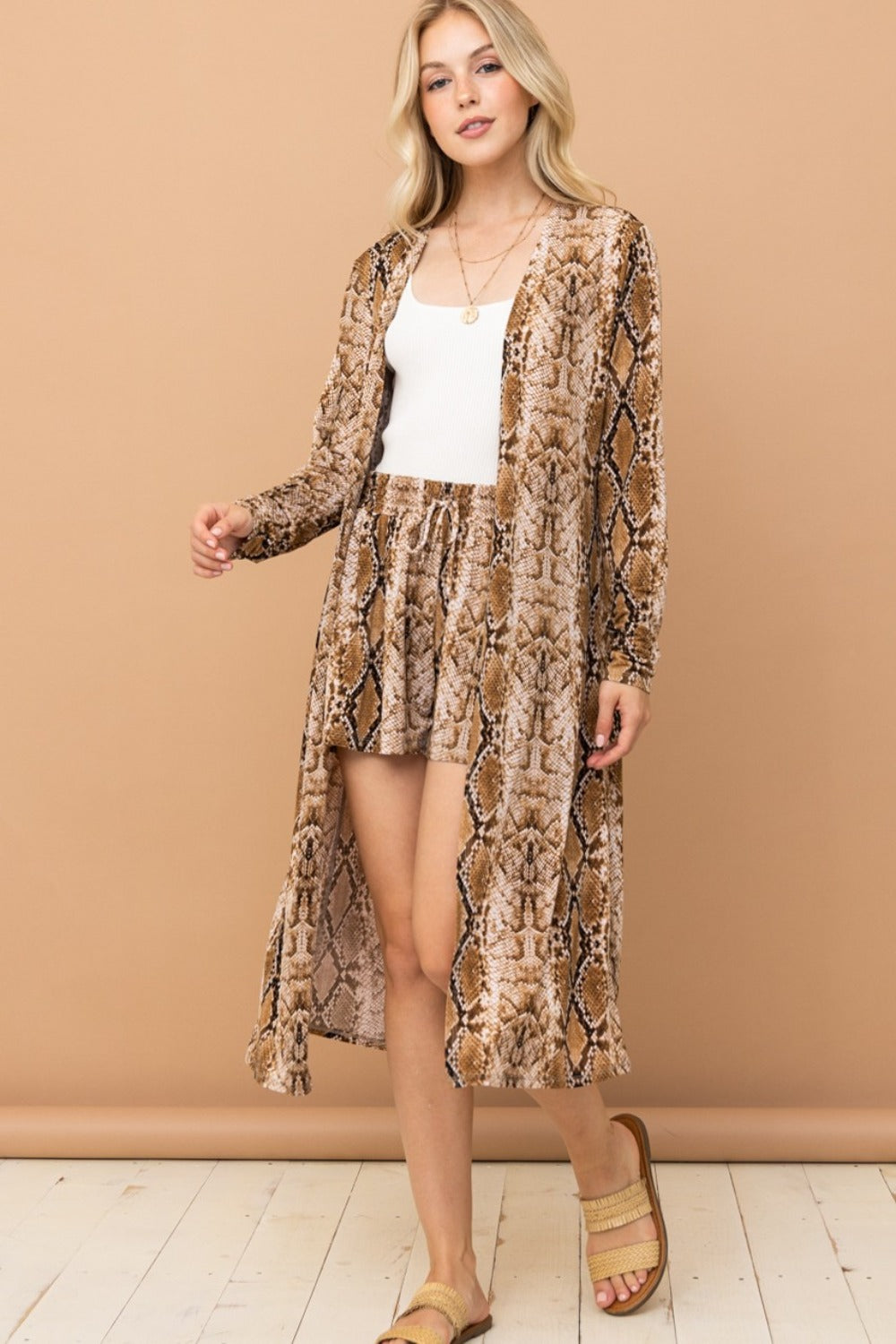 Tan And The Why Snake Print Kimono Open Front Longline Cardigan Coats & Jackets