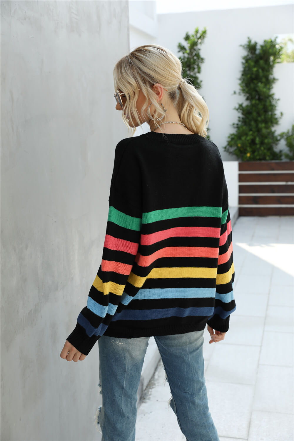 Gray Rainbow Stripe Dropped Shoulder Sweater