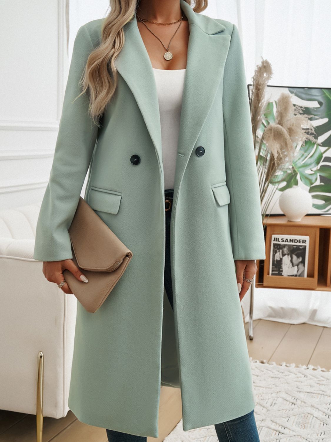 Dark Sea Green Devine Pocketed Collared Neck Long Sleeve Coat Coats & Jackets