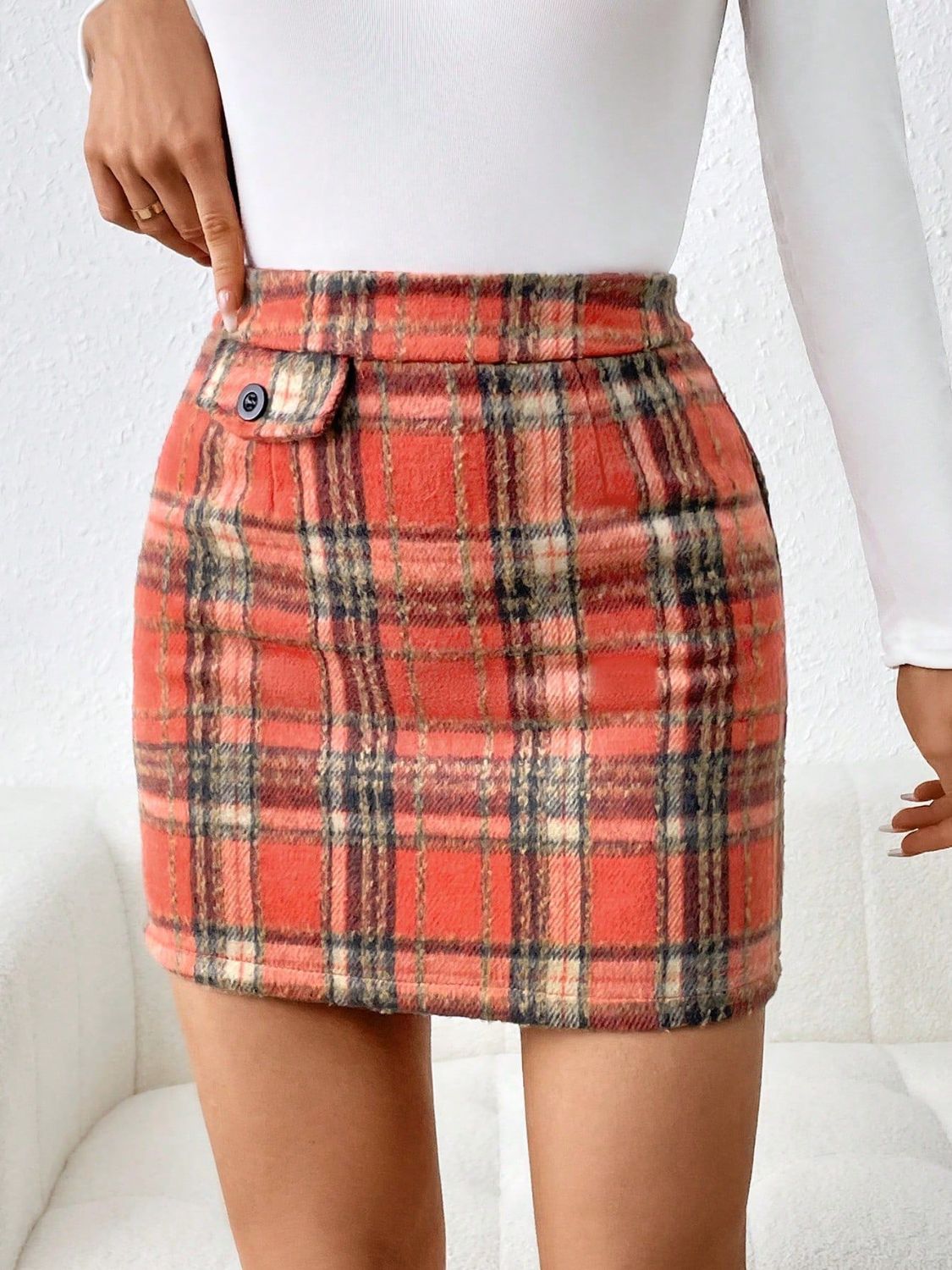 Light Gray Decorative Button Plaid Mini Skirt Trends