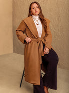 Rosy Brown Plus Size Tied Long Sleeve Hooded Coat with Pockets Coats & Jackets