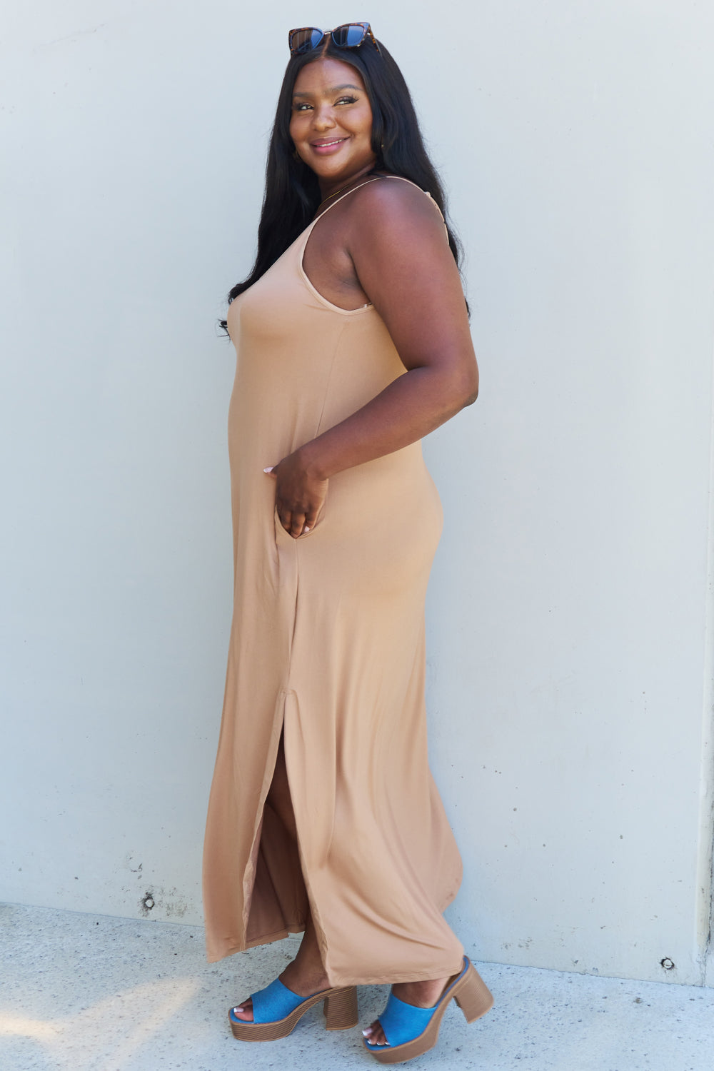 Gray Ninexis Good Energy Full Size Cami Side Slit Maxi Dress in Camel Dress