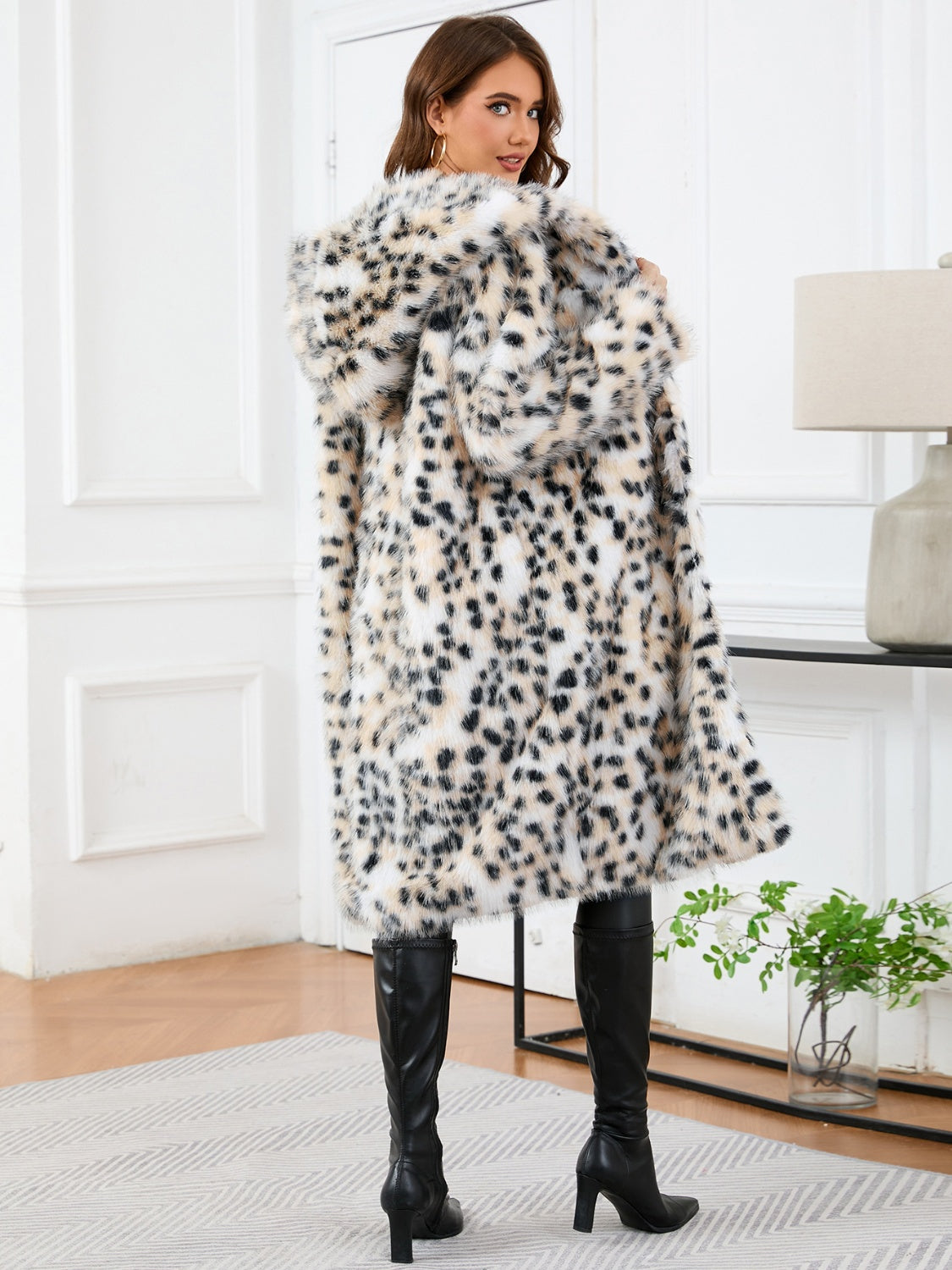 Light Gray That Girl Thermal Leopard Faux Fur Hooded Outerwear Coats & Jackets