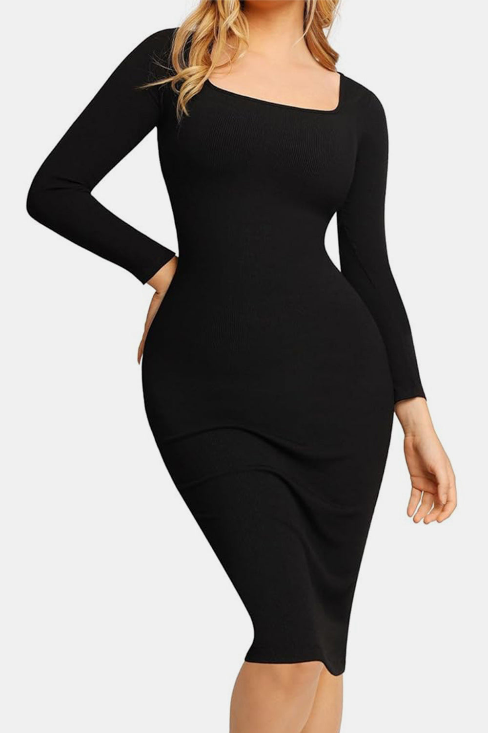 White Smoke Basic Bae Full Size Built-In Shapewear Square Neck Long Sleeve Dress Cocktail Dresses