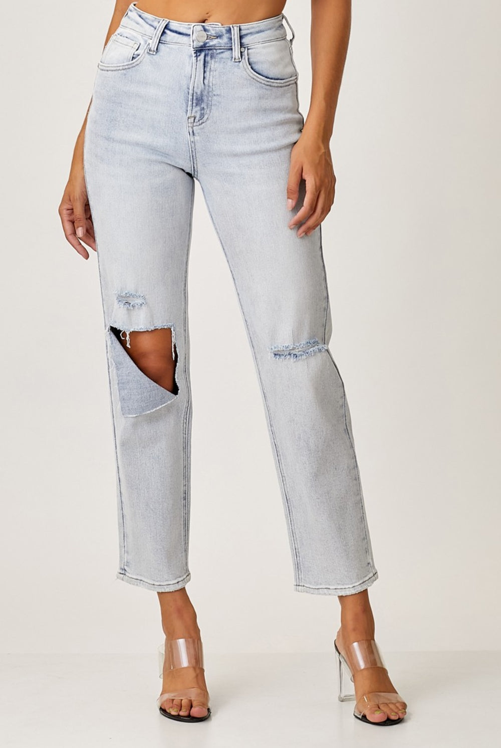 Light Gray RISEN High Rise Distressed Relaxed Jeans Denim