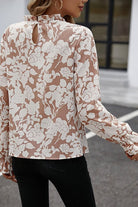 Dark Gray Floral Print Mock Neck Flounce Sleeve Blouse