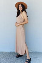 Gray Ninexis Good Energy Full Size Cami Side Slit Maxi Dress in Camel Dress