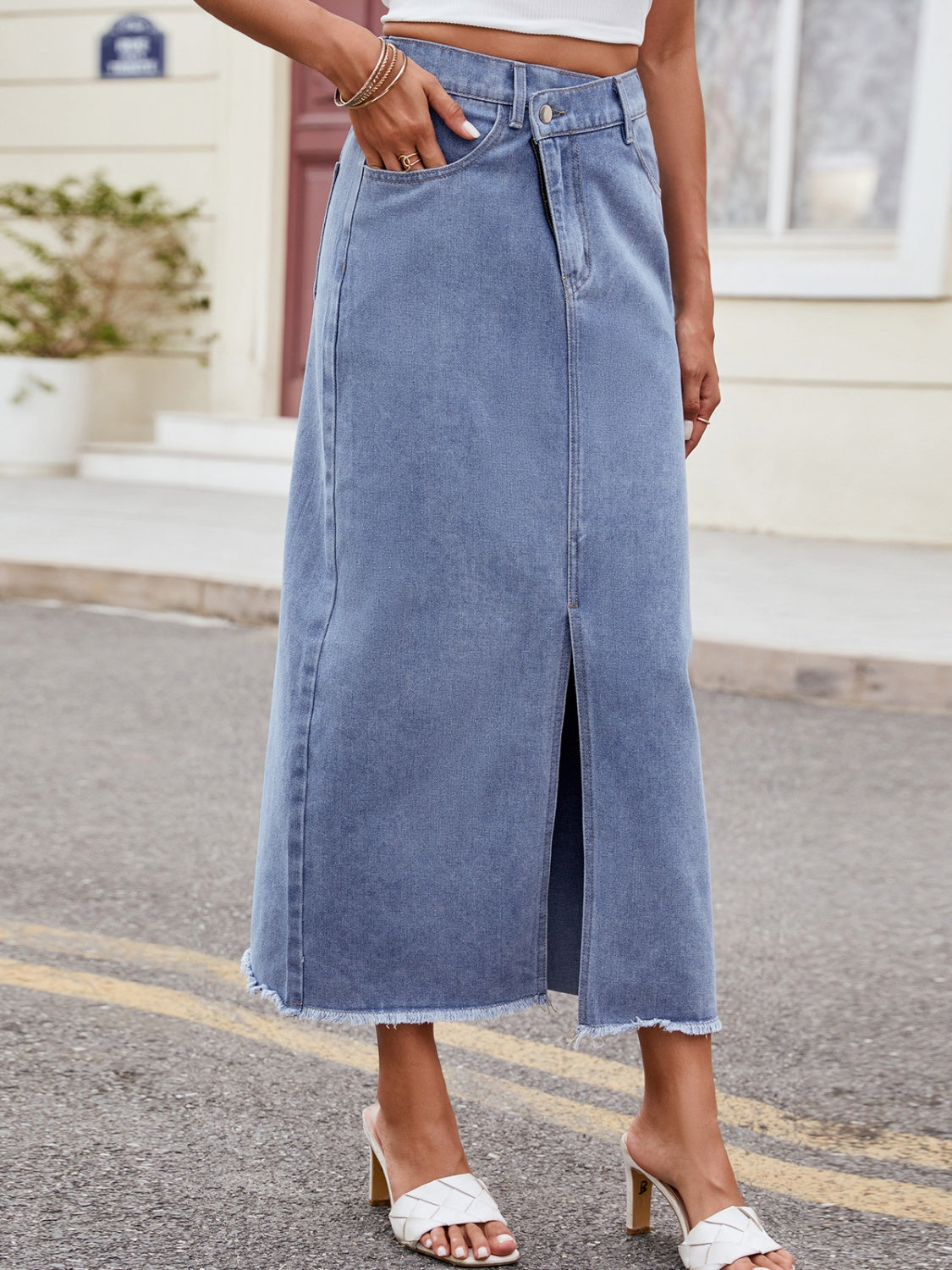 Gray Slit Asymmetrical Waist Denim Skirt Denim