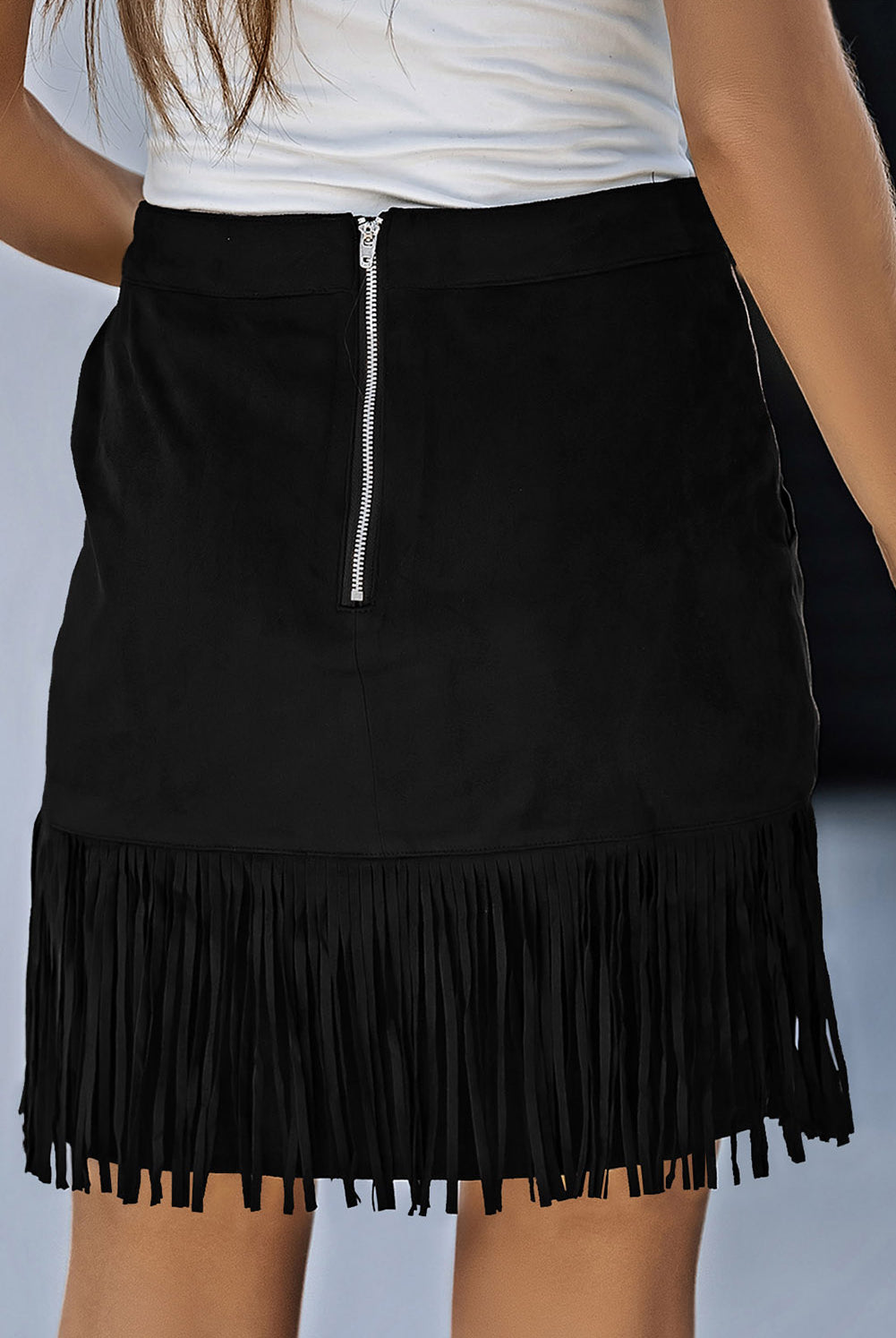 Dark Gray Fringe Detail Zip-Back Skirt with Pockets