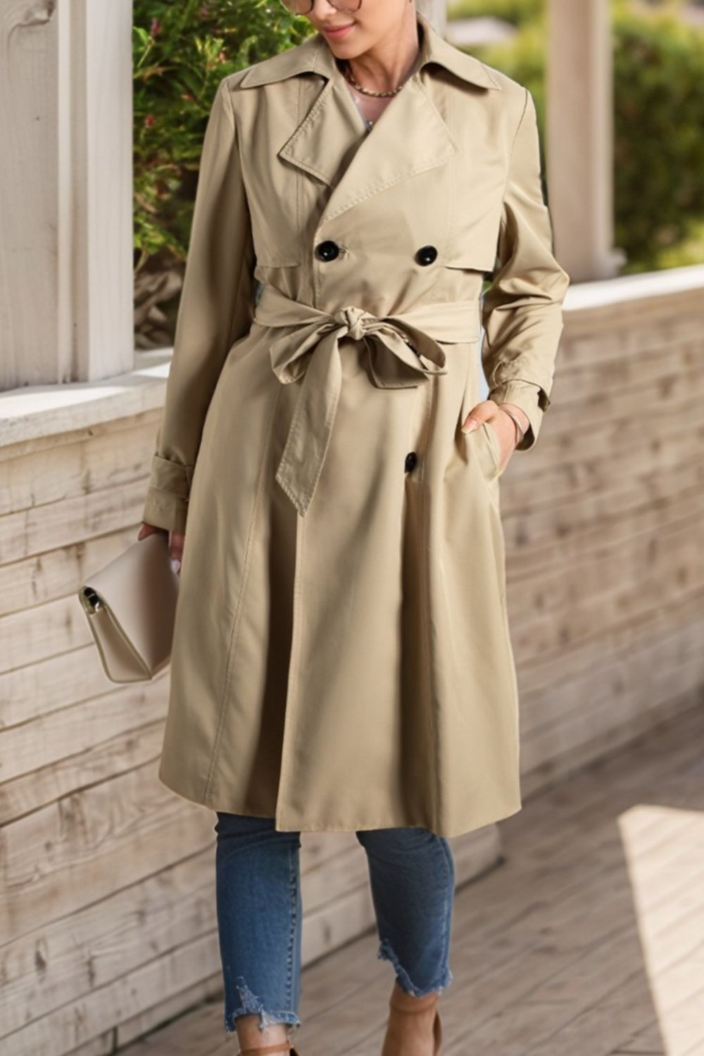 Rosy Brown Collared Neck Tie Waist Buttoned Long Sleeve Trench Coat Coats & Jackets