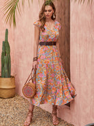 Rosy Brown Ruffled Printed V-Neck Cap Sleeve Tiered Dress