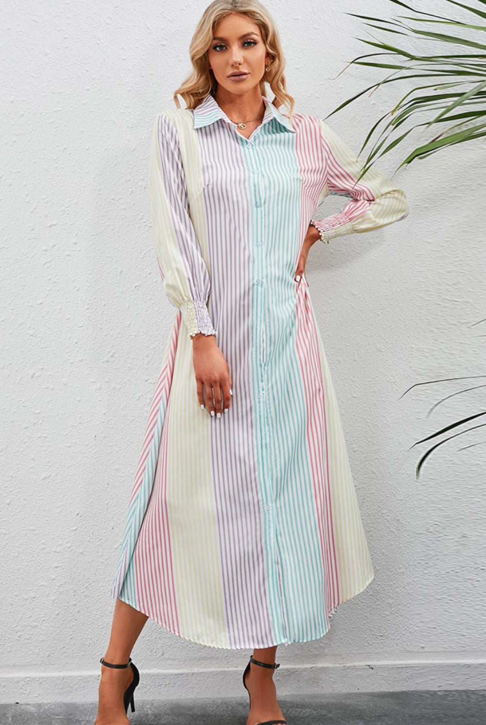 Light Gray Rainbow Stripe Button-Up Maxi Shirt Dress