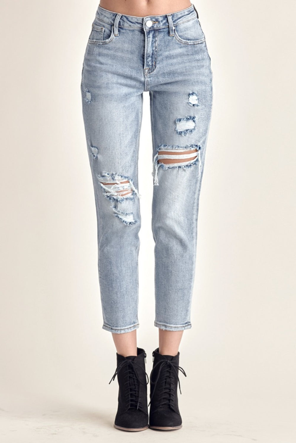 Light Gray RISEN Distressed Slim Cropped Jeans Denim