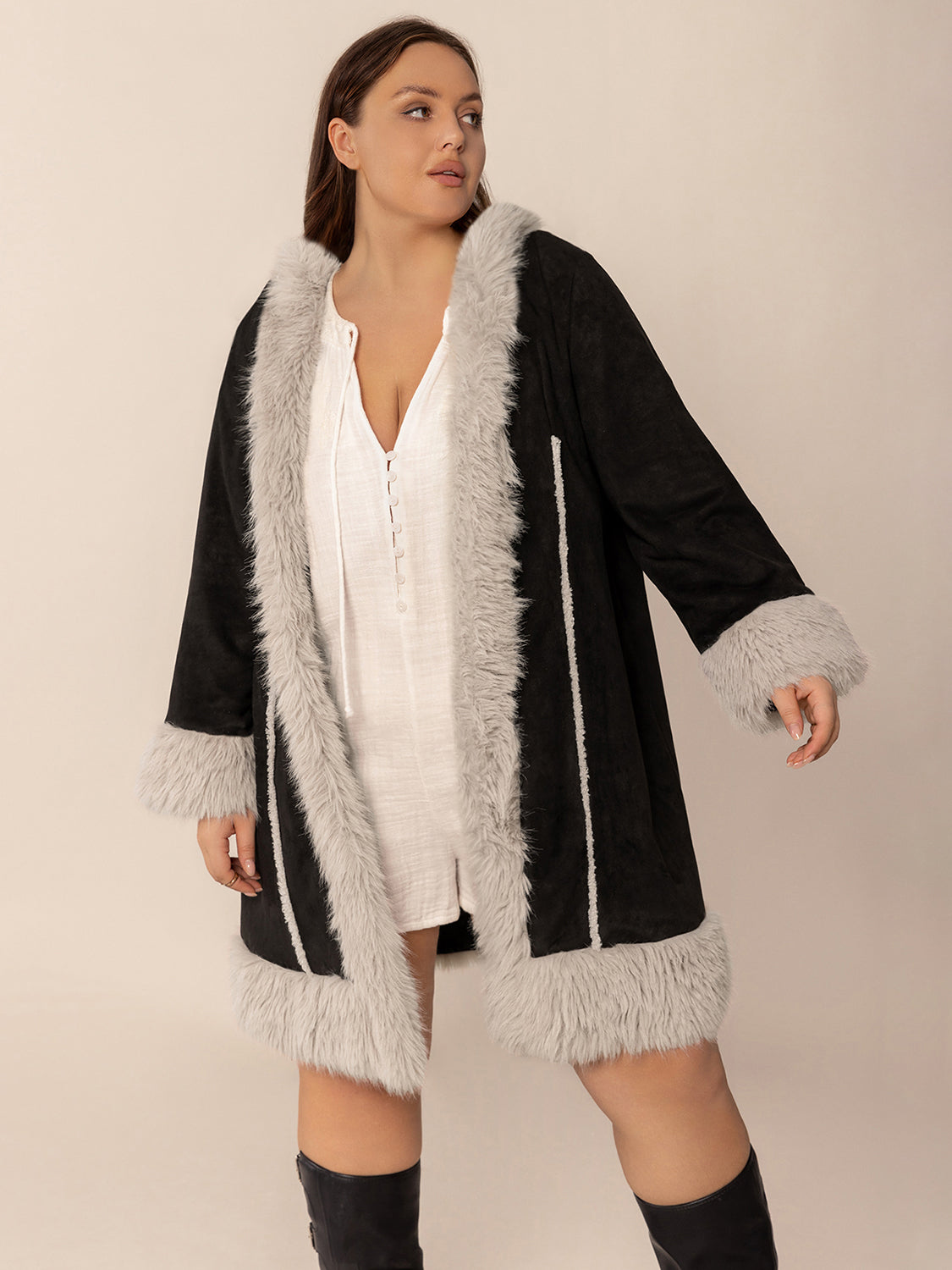 Gray Plus Size Fuzzy Trim Open Front Long Sleeve Hooded Coat Coats & Jackets