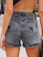 Dim Gray Distressed Fringe Denim Shorts with Pockets Denim